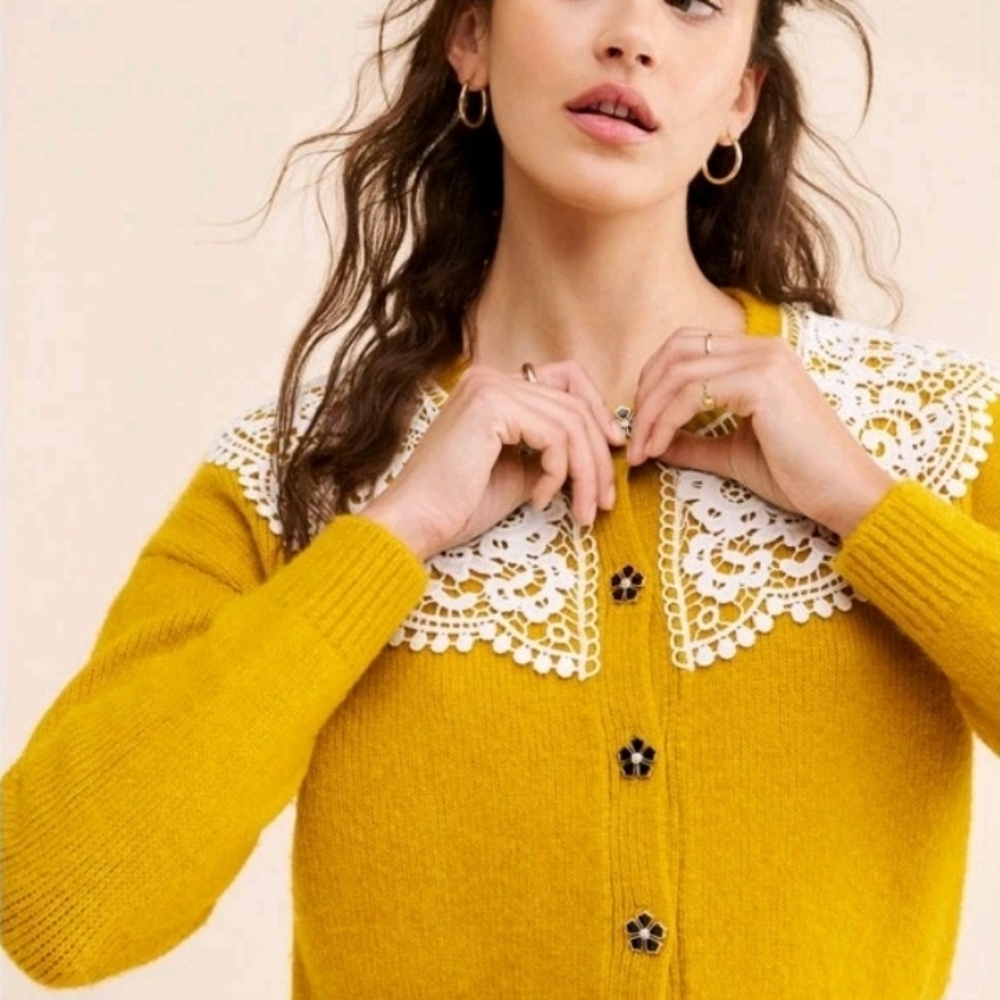 NWT Maeve by Anthropologie Yellow Gold Retro Cardigan With Lace Collar sz Small